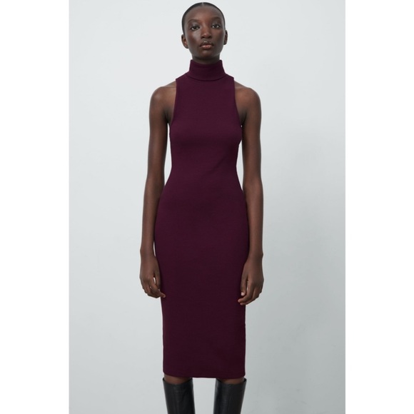 Zara Plum High neck Ribbed Bodycon Maxi Dress Size Small ( NWOT) - Picture 7 of 14
